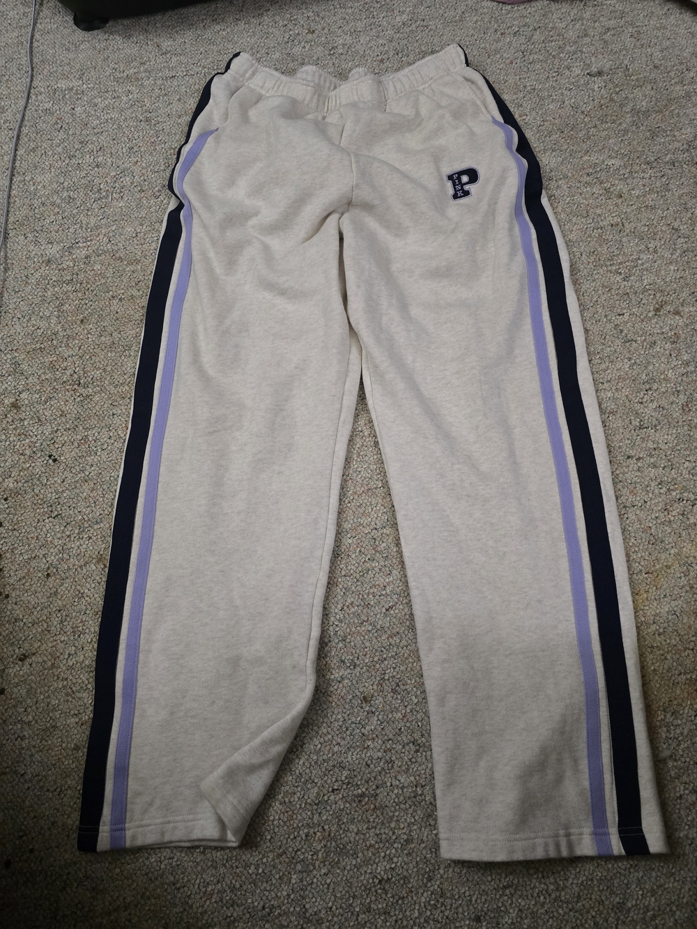 PINK Victoria's Secret Cream Track Pants with Purple & Navy Stripes